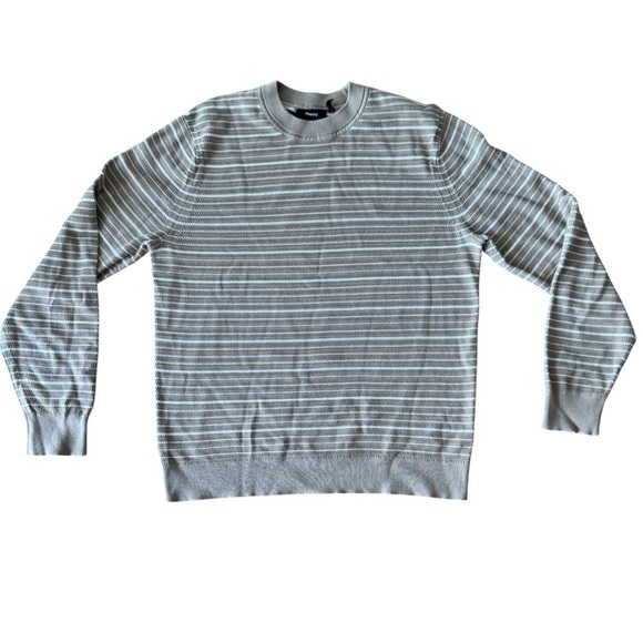 Theory Mens Medium Riland Crew St Eco Breach Sweater Beige Striped Crewneck - Picture 2 of 8